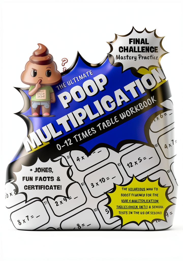 Professor Poop Times Tables book open on a tablet showing multiplication exercises
