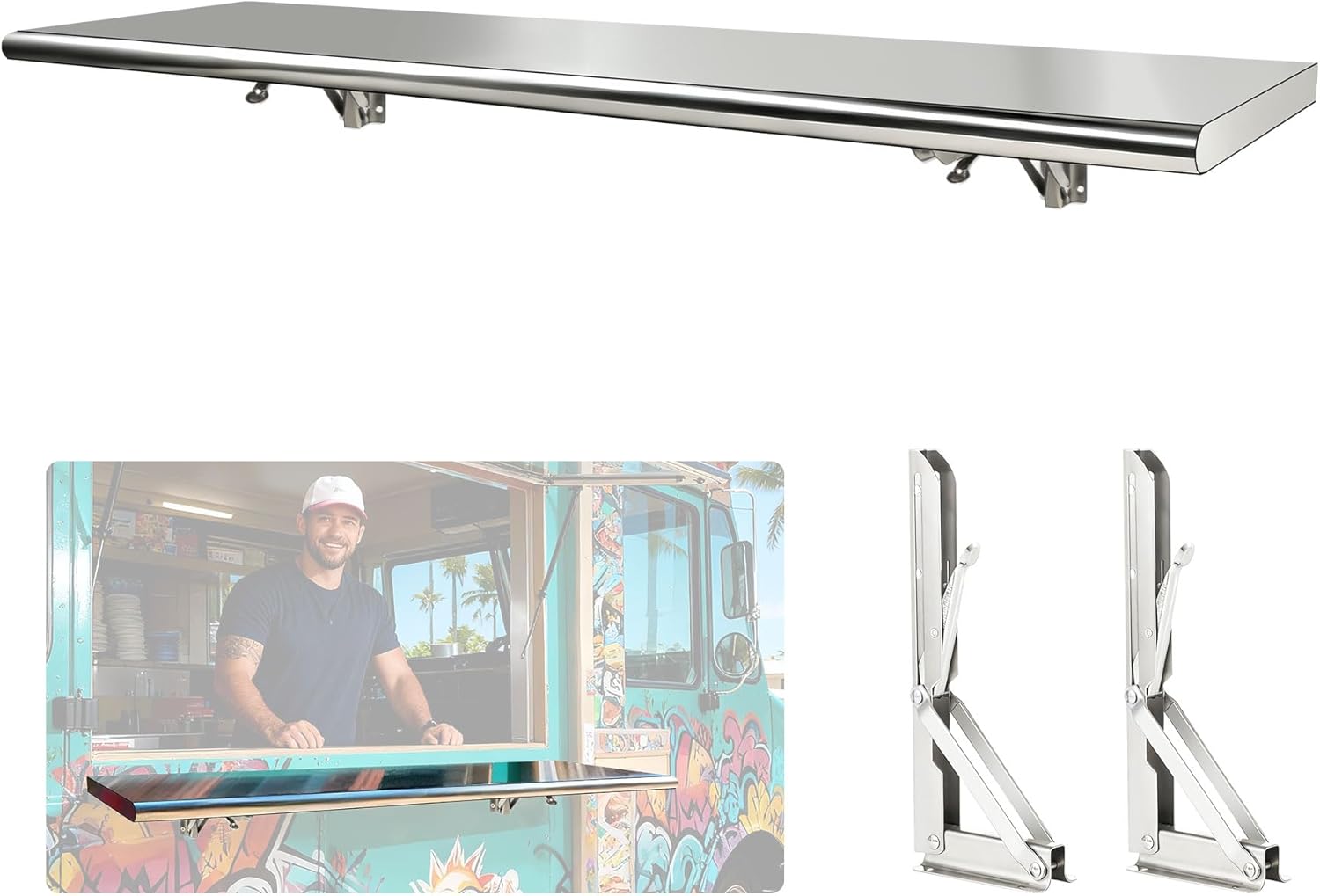 Sidasu Folding Shelf mounted on a window in a food truck