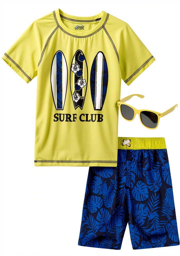 Toddler boy wearing neon green rash guard at the beach, showing elastic waistband and tag‑free neckline