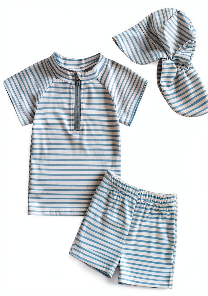 KidSplash toddler boy rash guard set displayed on a beach towel with sun hat and shorts laid out